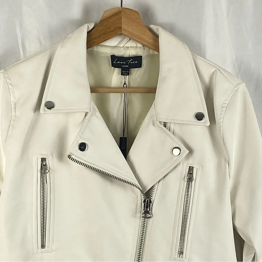 Love Tree White Vegan Leather Moto Zipper Jacket Size Large - Picture 4 of 16